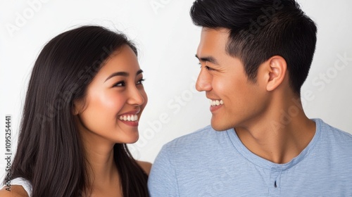 Smiling Asian Couple, Romantic Gaze, CloseUp Portrait, Happy Relationship, Intimate Moment, Young Ad