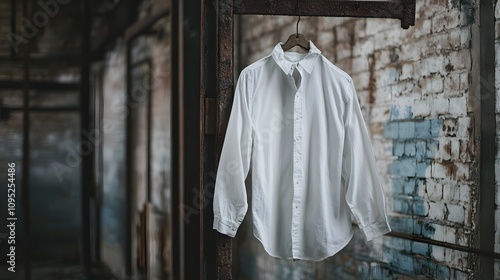 39. A crisp white shirt hanging on a rusty metal hook in an old warehouse