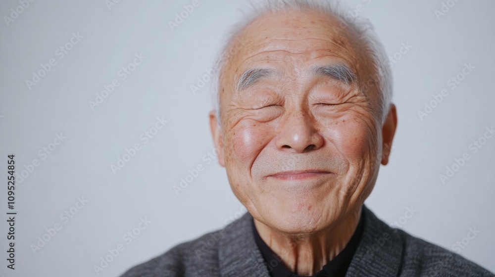 Smiling Elderly Asian Man Portrait, Wrinkles, Eyes Closed, Peaceful Smiling Elderly Asian Man Portrait, Wrinkles, Eyes Closed, Peaceful