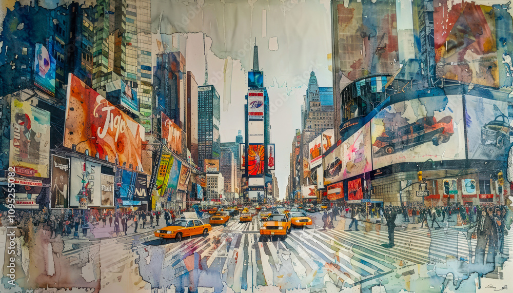 watercolor illustration, capturing the vibrant energy of downtown New York City Street, watercolor illustration, capturing the vibrant energy of downtown New York City Street,