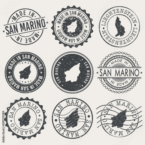 San Marino Set of Stamps. Travel Stamp. Made In Product. Design Seals Old Style Insignia.