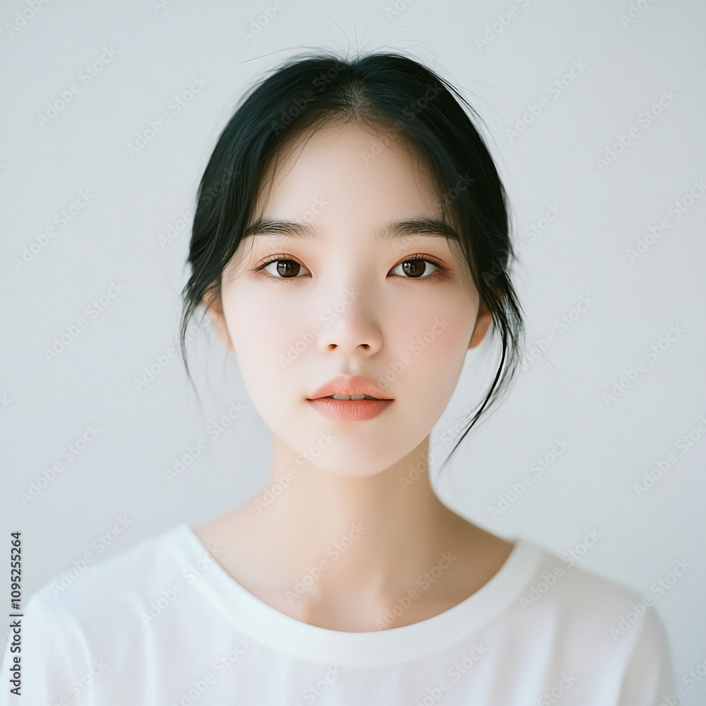 A young woman gazes softly at the viewer, her hair cascading lightly around her face A young woman gazes softly at the viewer, her hair cascading lightly around her face