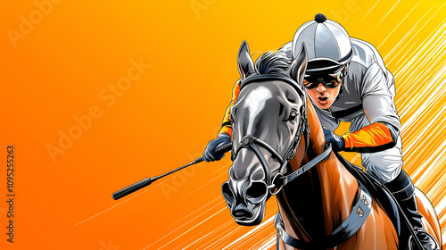 Wallpaper Mural A jockey rides a galloping horse against a vibrant orange background, showcasing speed and excitement in horse racing. Torontodigital.ca