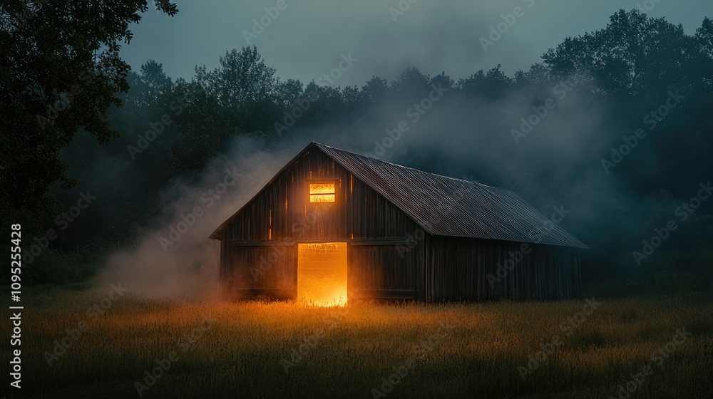 Fototapeta premium A barn engulfed in flames with smoke rising in a dimly lit landscape.