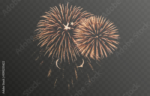 Vector fireworks. Multicolored fireworks on isolated transparent background. Fireworks png. Holiday fireworks. Festive background.