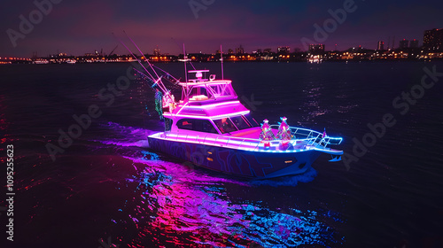 During the Patchogue Holiday Boat Parade, a boat decorated with Christmas lights and holiday characters, with various characters representing the day of Christmas

 photo