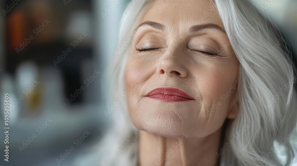 Serenity and Confidence of Mature Woman with Silver Hair and Closed Eyes, for Wellness and Aging with Grace. Generative ai Serenity and Confidence of Mature Woman with Silver Hair and Closed Eyes, for Wellness and Aging with Grace. Generative ai