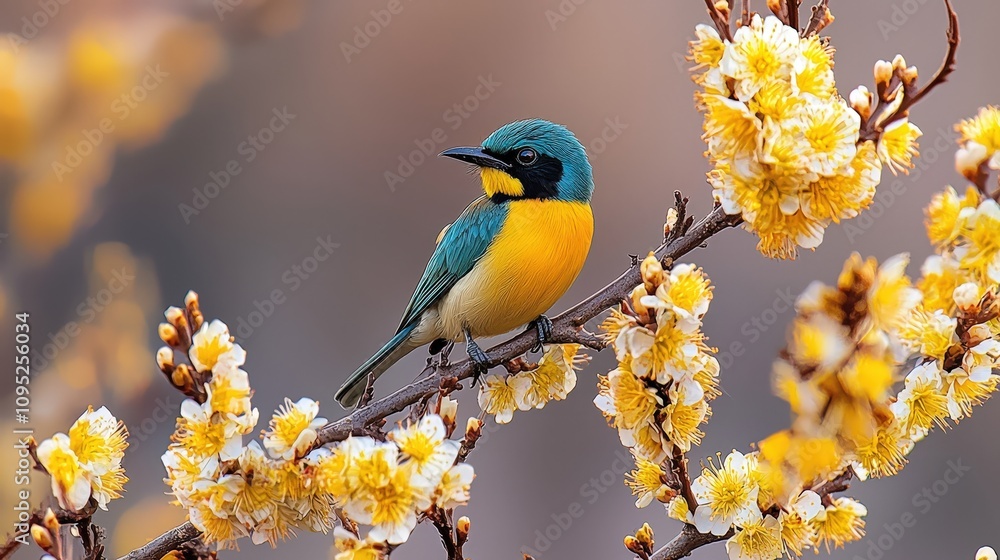 Fototapeta premium Vibrant Blue Yellow Bird on Blooming Yellow Flowers Spring Nature Photography