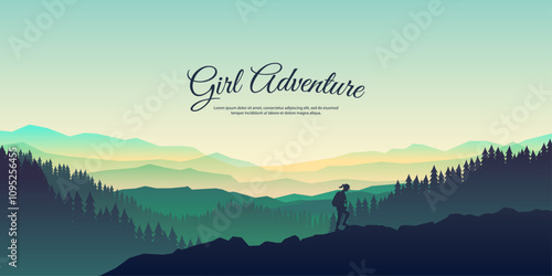 Vector illustration. Serene natural landscape with layers of mountains, forests. Silhouette of a girl hiking. Concept of female outdoor adventure, trekking, discovering nature. Calm misty scene