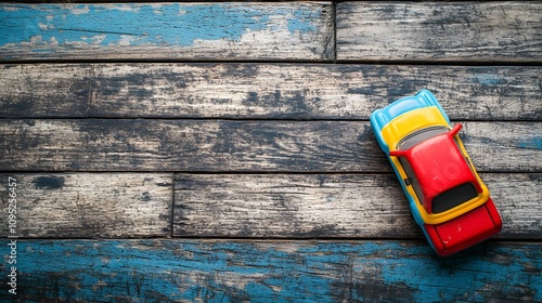 8. A childâ€™s brightly colored toy car lying on an aged wooden floor photo