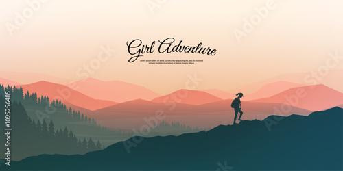 Vector illustration. Polygonal natural landscape with layers of mountains and forest trees. Silhouette of a girl hiking with backpack and travel sticks. Concept of female outdoor adventure, trekking