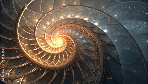 A golden spiral, reminiscent of a nautilus shell, with intricate details and a cosmic background.