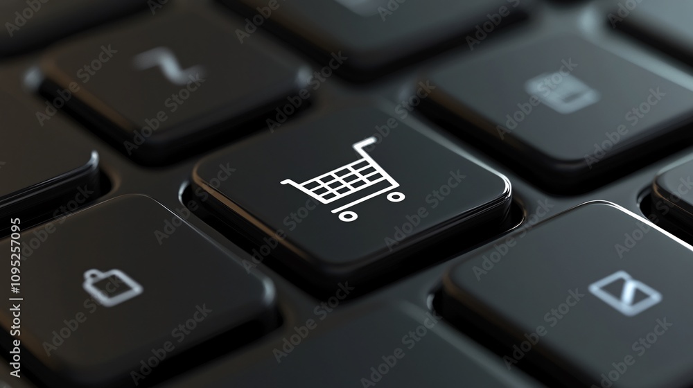 Shopping cart key on a black keyboard representing online shopping Shopping cart key on a black keyboard representing online shopping