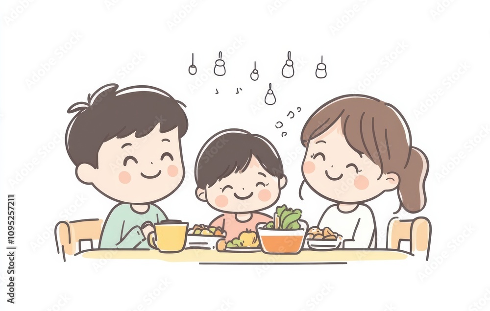Happy family enjoying a cheerful dinner at home together Happy family enjoying a cheerful dinner at home together
