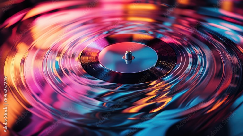 A close-up of a spinning vinyl record creating colorful ripples in water. A close-up of a spinning vinyl record creating colorful ripples in water.