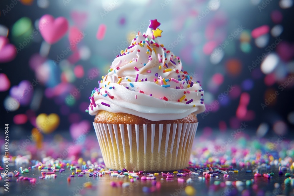 Colorful Cupcake with Sprinkles and Party Atmosphere Colorful Cupcake with Sprinkles and Party Atmosphere