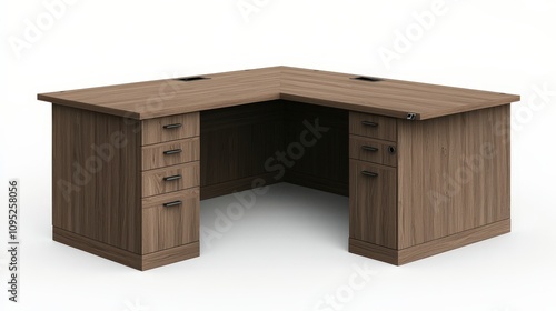 Modern l-shaped wooden desk with multiple drawers and cable management