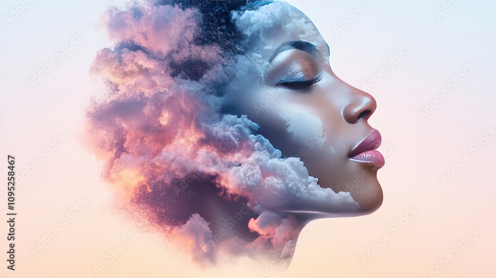 Serene Woman Face Cloudscape Dreamy Art Peaceful Mind Soft Colors Beauty Portrait Serene Woman Face Cloudscape Dreamy Art Peaceful Mind Soft Colors Beauty Portrait