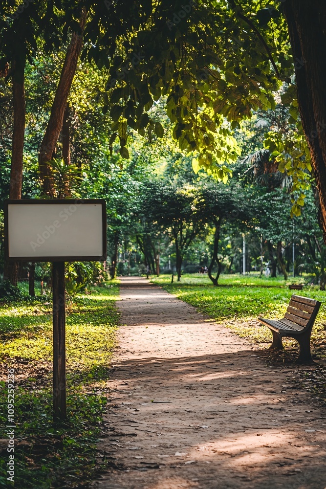 Empty sign showing information or advertisement in lush green park with bench Empty sign showing information or advertisement in lush green park with bench