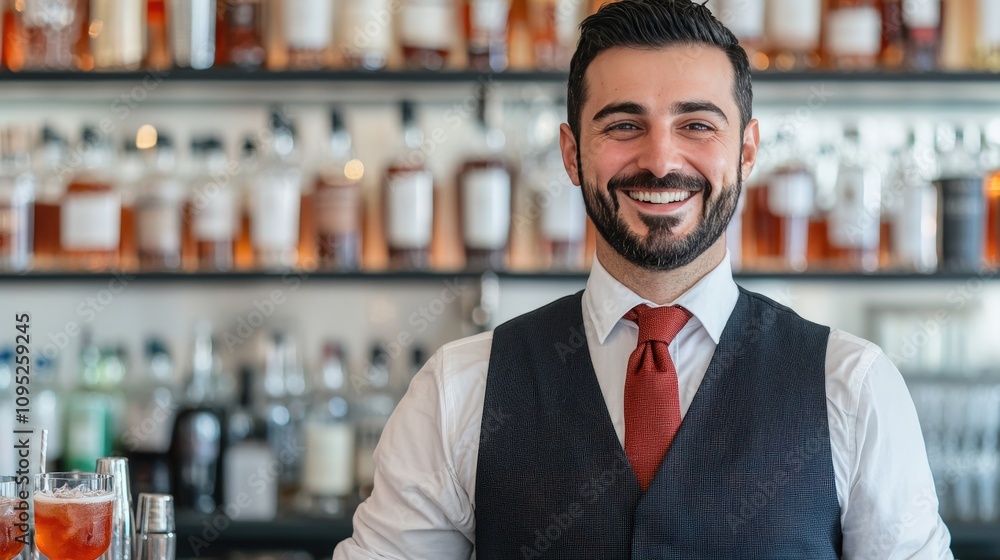 Happy Bartender Smiling at Bar Cocktail Drinks Service Industry Happy Bartender Smiling at Bar Cocktail Drinks Service Industry