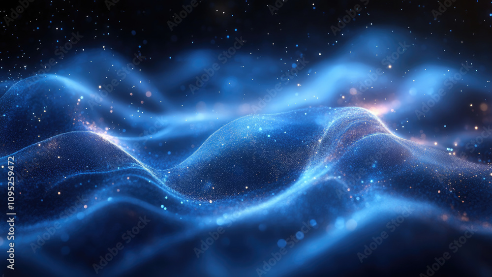 Glowing Blue Waves of Light with Sparkles in a Mystical Cosmic Scene Glowing Blue Waves of Light with Sparkles in a Mystical Cosmic Scene