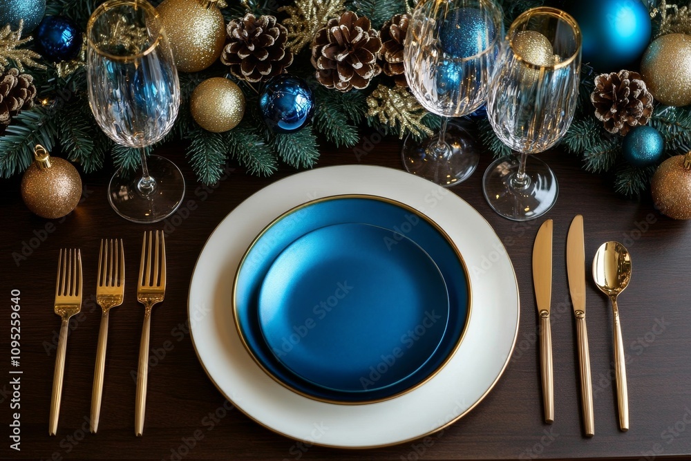 Elegant Christmas Table Setting Blue and Gold Dinnerware, Festive Decor, Close-Up Composition, Holiday Tableware Christmas Table Setting, Holiday Decor Elegant Christmas Table Setting Blue and Gold Dinnerware, Festive Decor, Close-Up Composition, Holiday Tableware Christmas Table Setting, Holiday Decor