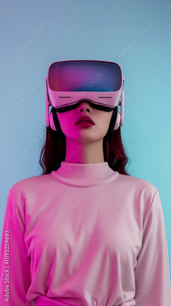 Minimal vertical portrait of young woman wearing VR headset and facing camera, Generative AI Minimal vertical portrait of young woman wearing VR headset and facing camera, Generative AI