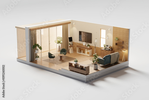 Perspective view living room muji style open inside interior architecture 3d rendering photo