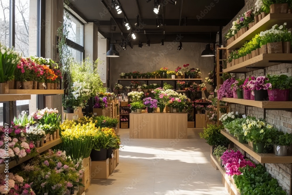 Obraz premium Floral Shop Interior Abundant Blooms, Wooden Shelving, Natural Light, Flower Shop, Floral Design Flower Shop, Interior Design