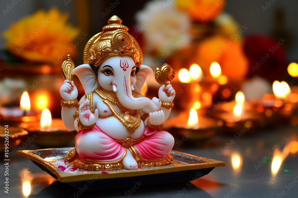 Ganesha Statue with Diyas Close-up Composition, Festive Concept, Hindu God, Diwali, India Ganesha, Diwali Ganesha Statue with Diyas Close-up Composition, Festive Concept, Hindu God, Diwali, India Ganesha, Diwali