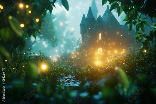 Enchanted Castle Surrounded by Glowing Fireflies