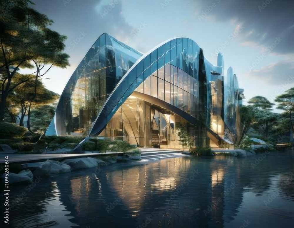 Obraz premium A sleek modern building with reflective glass windows , showcasing contemporary architecture.