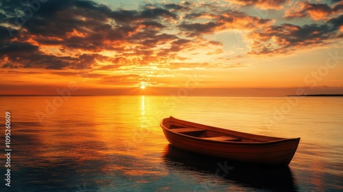 Close up of a wooden boat floating on calm water at sunset. Ai generated image