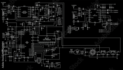 Schematic diagram of digital electronic device 
on paper sheet. Vector drawing electrical circuit with antenna,
operational amplifier, integrated circuit, microcontroller,
capacitor, resistor, display