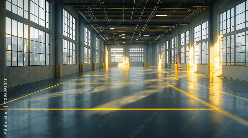 A spacious industrial warehouse with natural light. Perfect for showcasing products or creating a minimalist backdrop A spacious industrial warehouse with natural light. Perfect for showcasing products or creating a minimalist backdrop