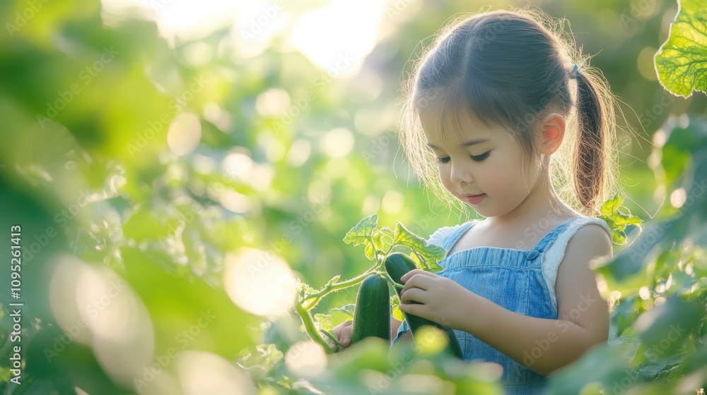 Little Girl Harvesting Fresh Cucumbers in Sunny Garden Little Girl Harvesting Fresh Cucumbers in Sunny Garden