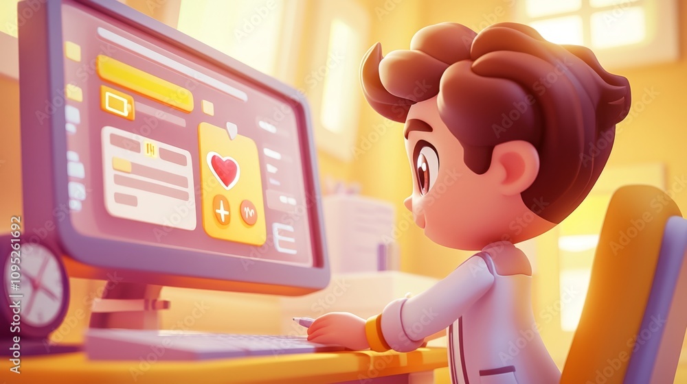 AI-Powered Healthcare Pastel colored 3D cartoon style illustration.
