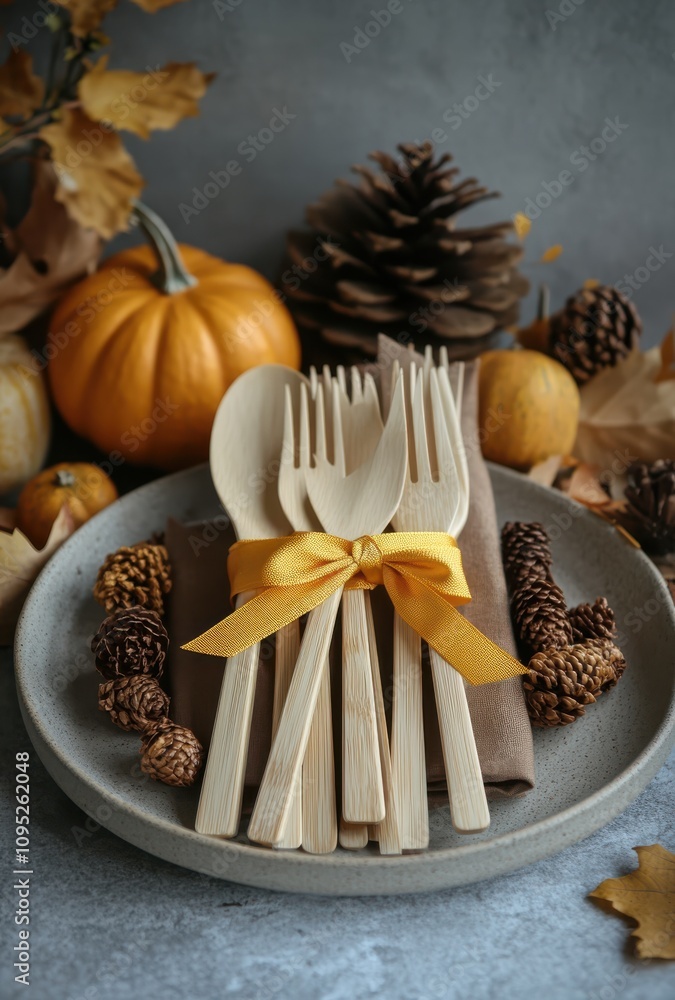 Autumn table setting with cutlery wrapped in brown napkin and ribbon Autumn table setting with cutlery wrapped in brown napkin and ribbon