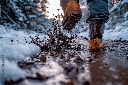 Splashes of adventure in muddy winter trails during sunset stroll. Generative AI