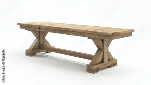 Rustic wooden bench with cross-leg design on white background photo