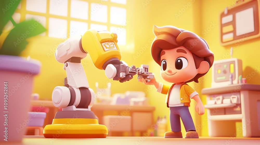 AI in Robotics Pastel colored 3D cartoon style illustration.