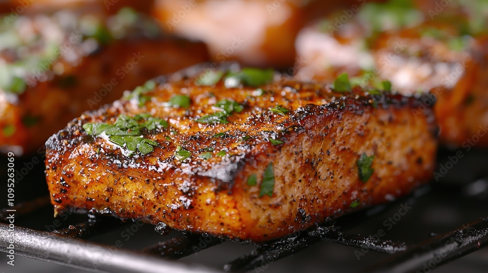 Grilled Salmon Steaks with Herbs and Spices Close up Food Photography Grilled Salmon Steaks with Herbs and Spices Close up Food Photography