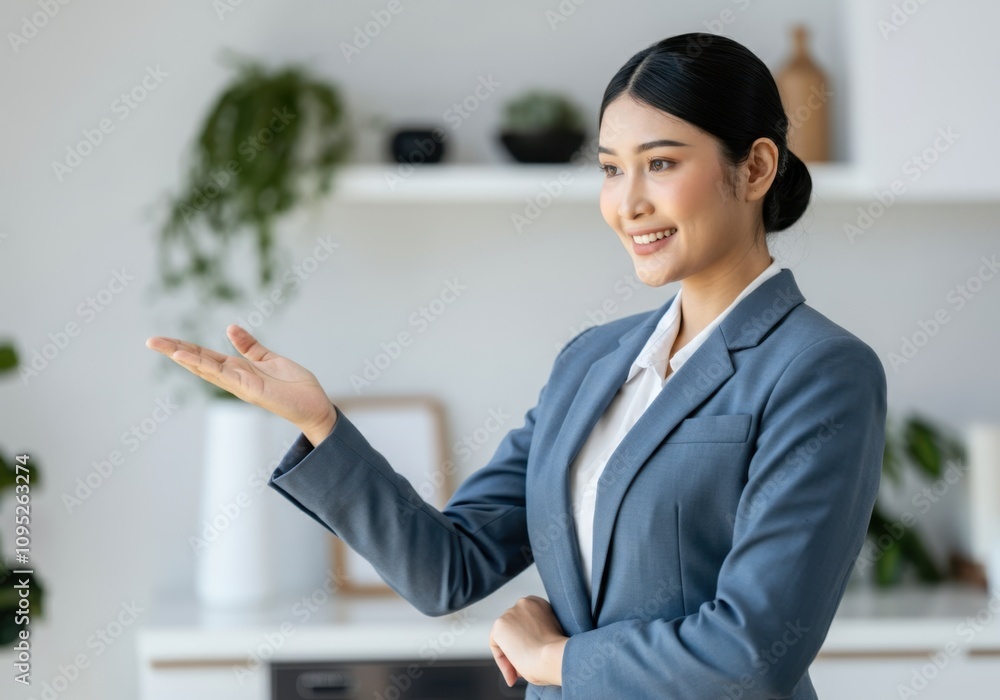 Young asian businesswoman presenting something with her hand and smiling Young asian businesswoman presenting something with her hand and smiling