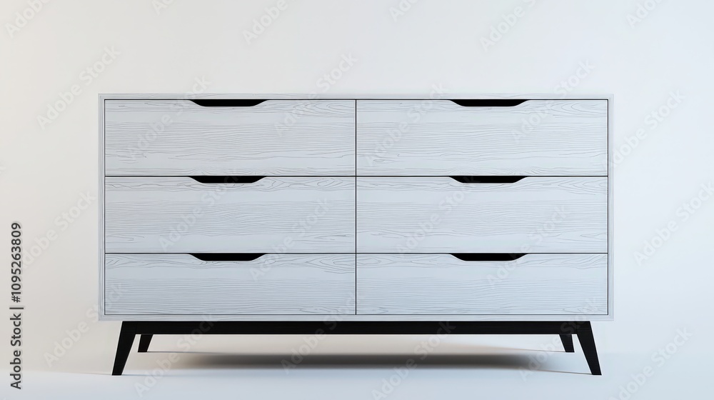 Minimalist white wooden dresser with six drawers on black legs for modern interiors Minimalist white wooden dresser with six drawers on black legs for modern interiors