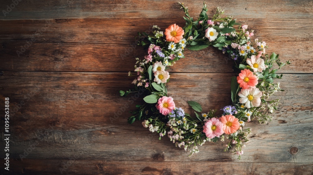 Rustic Wooden Background with Floral Wreath, Spring Flowers Rustic Wooden Background with Floral Wreath, Spring Flowers