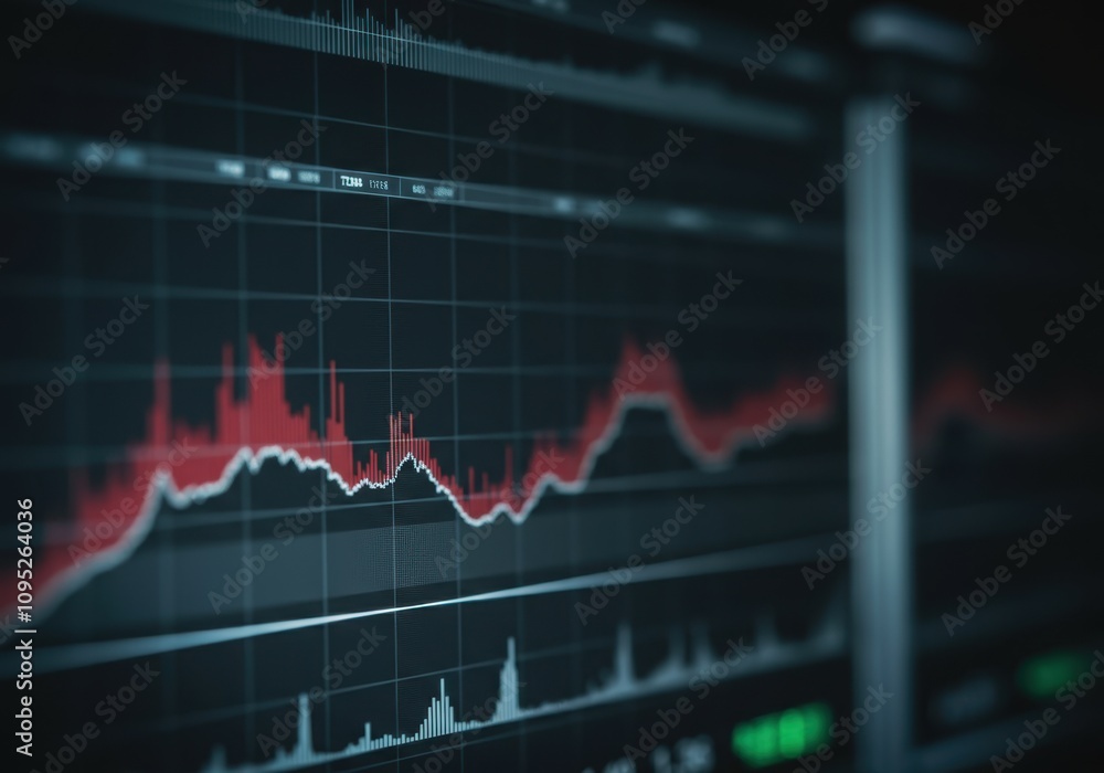 Naklejka premium Red stock market chart showing declining trend on computer screen