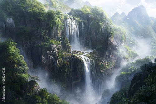 Majestic waterfall cascading through lush forest nature scene serene environment bird's eye view tranquility