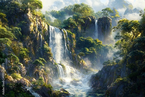 Cascading waterfalls and lush greenery nature landscape mountain range tranquil environment scenic viewpoint