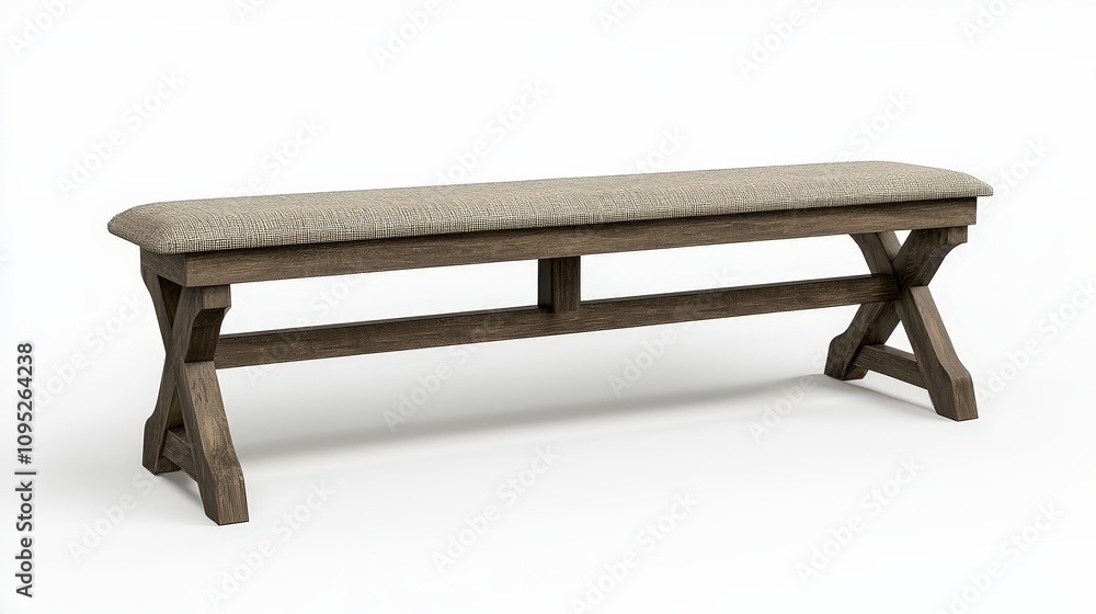 Rustic wooden bench with upholstered seat for home décor and interior design Rustic wooden bench with upholstered seat for home décor and interior design
