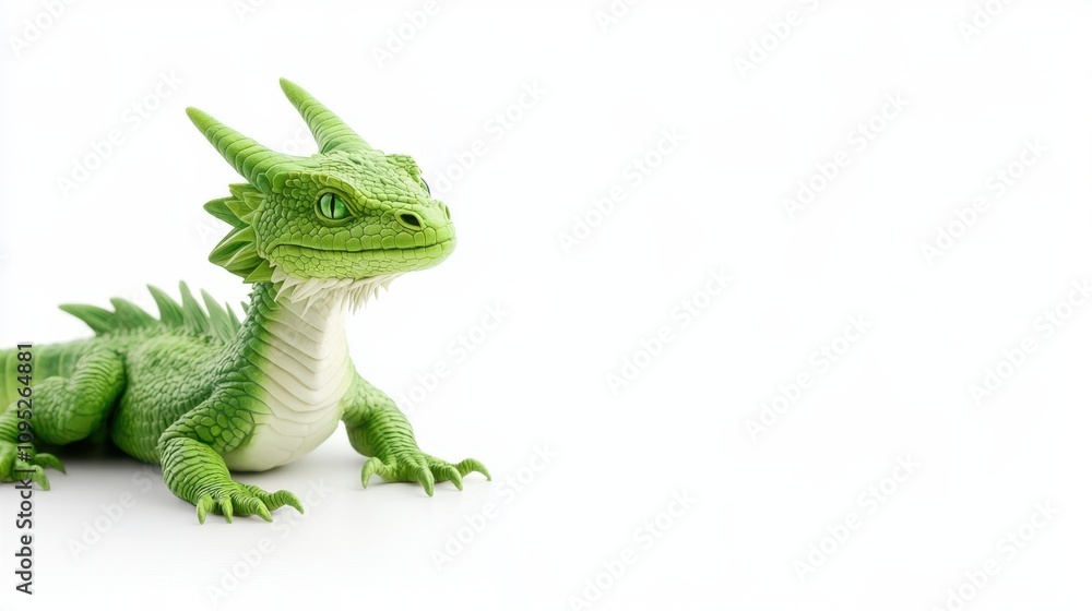 Fototapeta premium Vivid Phantasy Dragon Resting Gracefully on a Bright White Surface in Sharp Detail and Focus